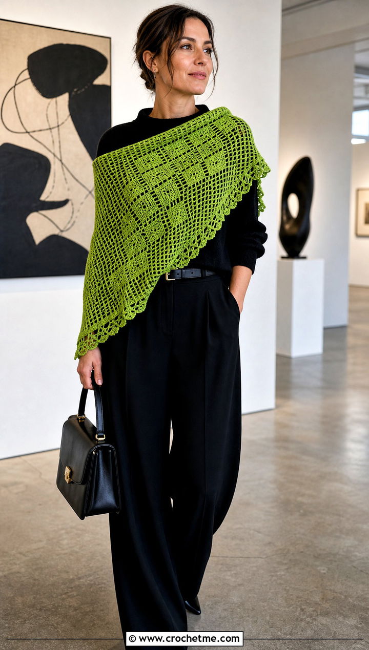 French Garden Filet Crochet Shawl With Monochrome Pants Outfit - 15 french garden filet crochet shawl outfit ideas