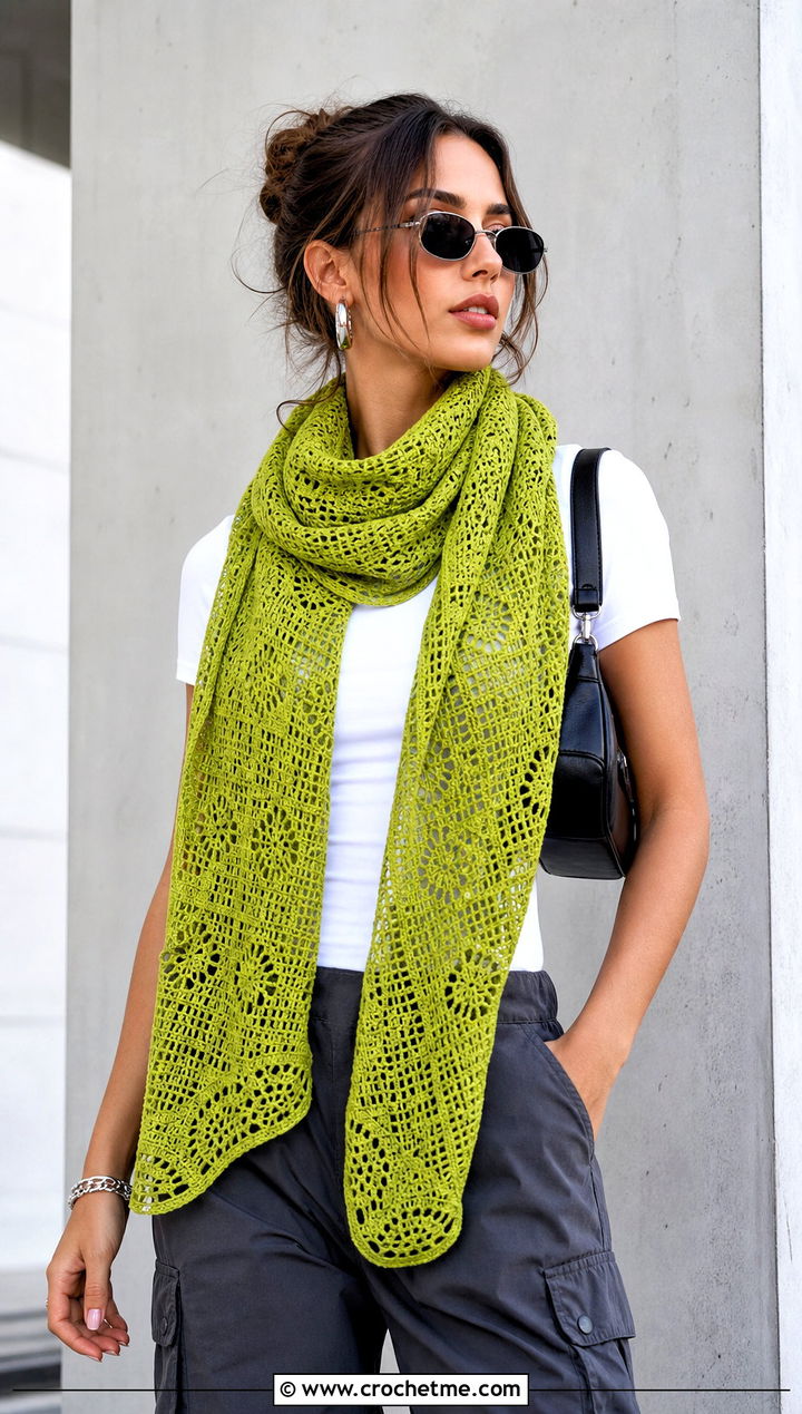 French Garden Filet Crochet Shawl With T Shirt And Cargo Pants - 15 french garden filet crochet shawl outfit ideas