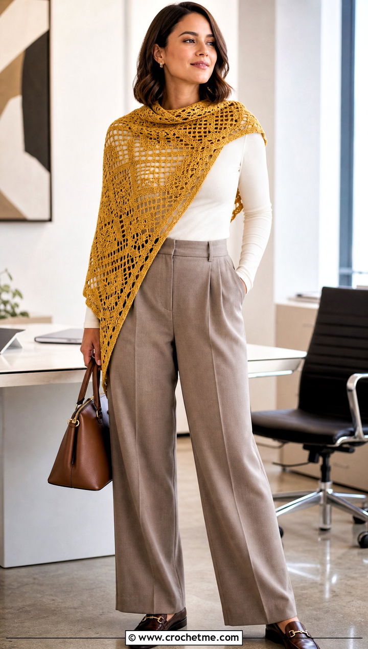 French Garden Filet Crochet Shawl With Tailored Trousers - 15 french garden filet crochet shawl outfit ideas