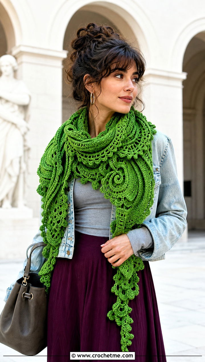 French Knot Circus Shawl With Denim Jacket And Midi Skirt - 15 sophie digard crochet shawl outfit ideas