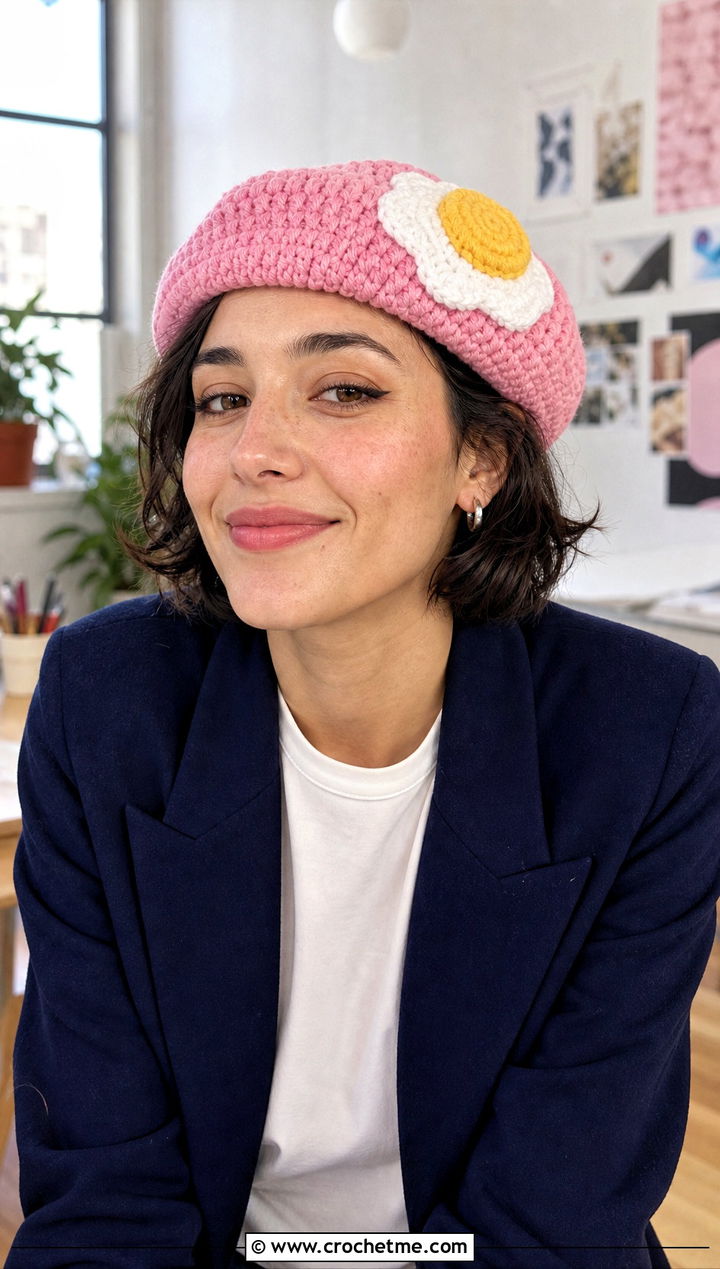 Fried Egg Crochet Beret With Blazer And Jeans - 30 crochet funny hats outfit ideas