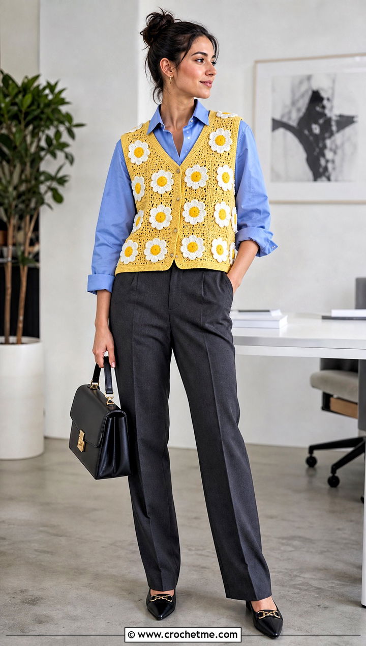 Fried Egg Crochet Vest With Tailored Trousers - 20 Funny Crochet Clothes and outfit ideas