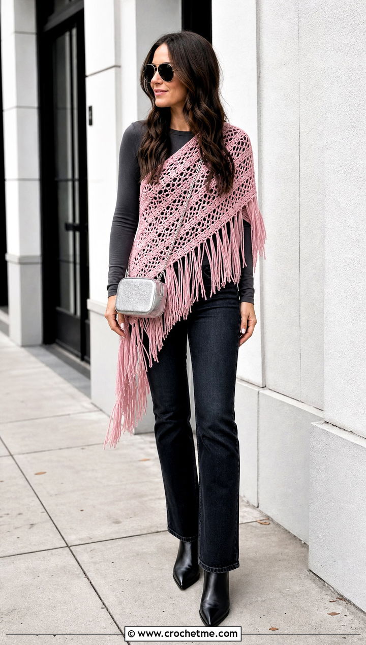 Fringe Asymmetrical Crochet Poncho With Straight Leg Jeans - 25 Asymmetrical Crochet Poncho outfit ideas