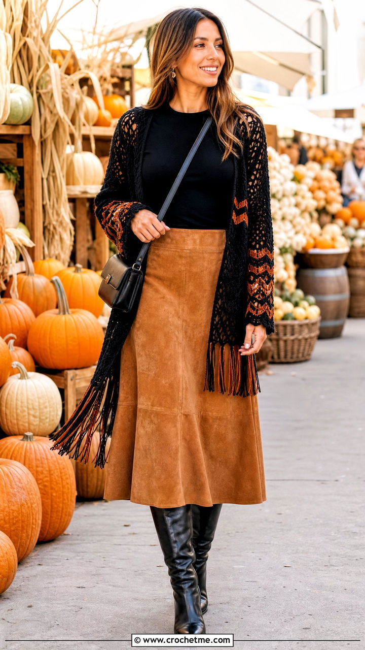 Fringe Black Crochet Cardigan With Suede Skirt - 35 black crochet cardigan outfit ideas