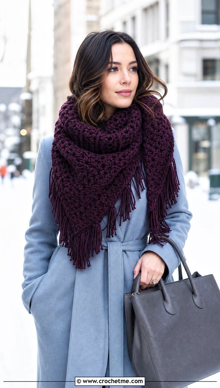 Fringe Blanket Crochet Scarf With Belted Coat - 15 Textured Crochet Scarf Design outfit ideas