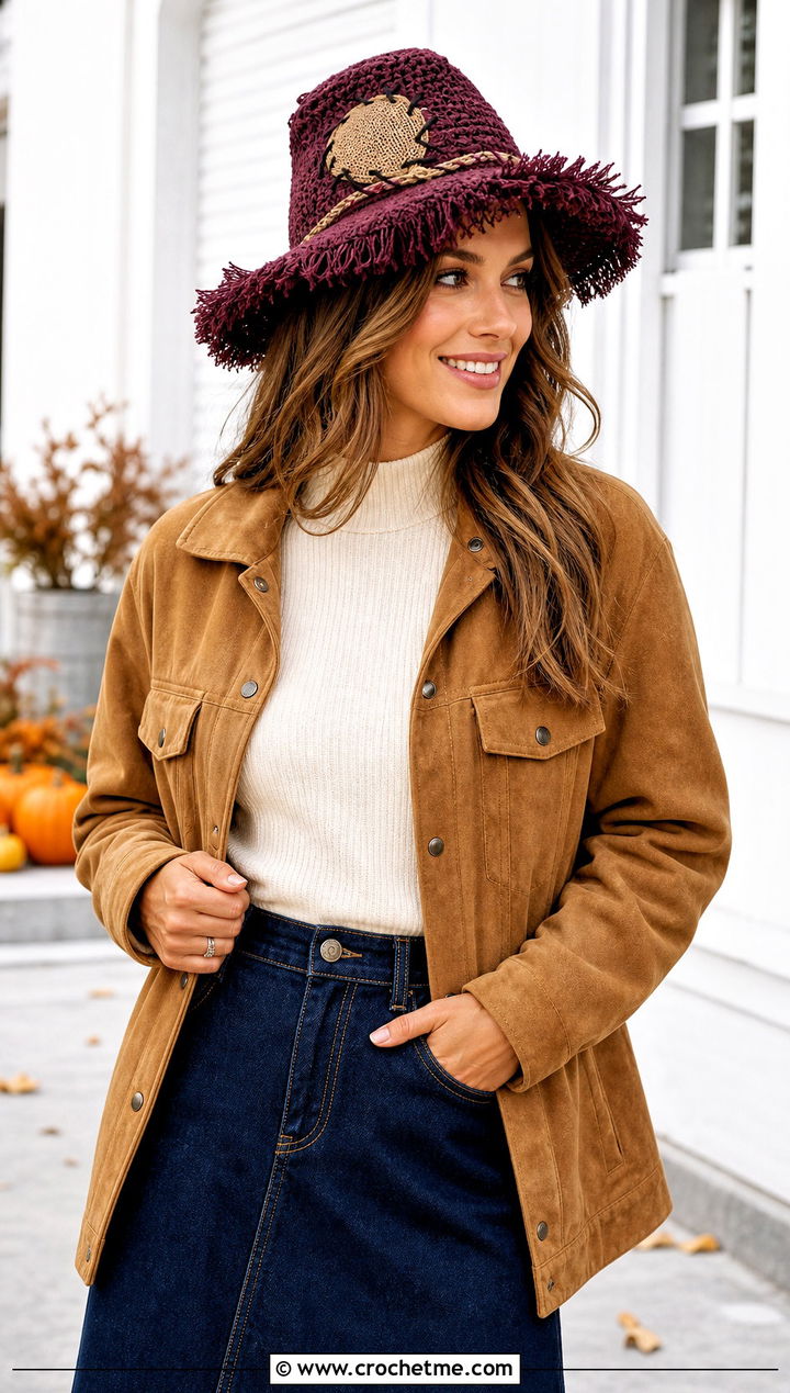 Fringe Brim Crochet Scarecrow Hat With Suede Jacket And Denim Skirt - 30 crochet scarecrow hat outfit ideas