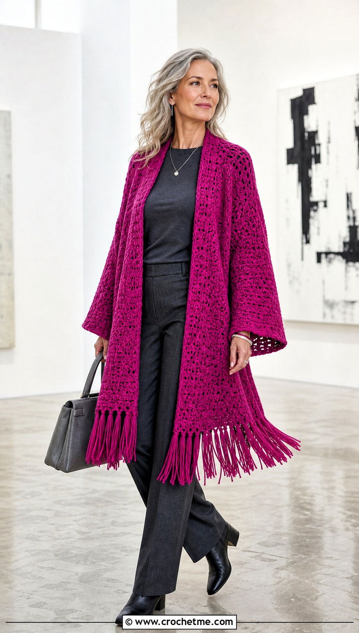 Fringe Campfire Cardigan With Monochrome Basics - 30 crochet campfire cardigan outfit ideas