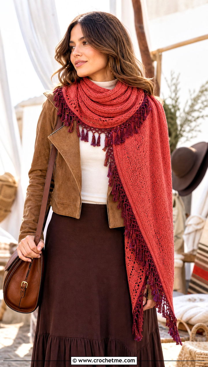 Fringe Candy Scarf With Suede Jacket And Maxi Skirt - 15 crochet candy scarf outfit ideas