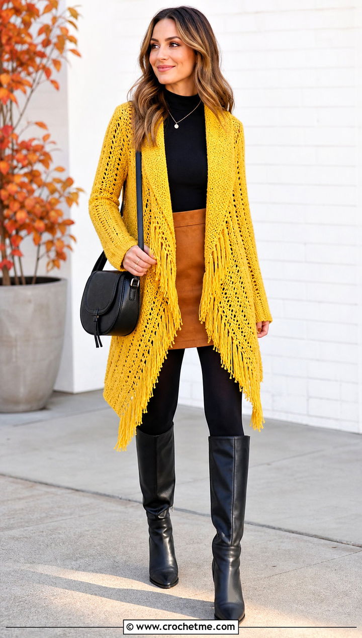 Fringe Cascade Crochet Cardigan With Suede Mini Skirt - 15 cascade crochet cardigan outfit ideas