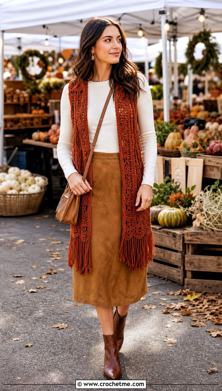 Fringe Chunky Crochet Vest With Suede Skirt And Boots - 25 Chunky Crochet Vest outfit ideas