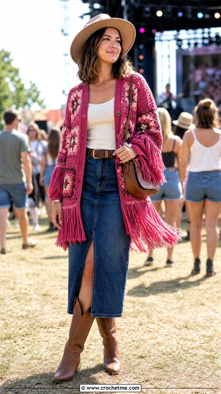 Fringe Chunky Granny Square Cardigan With Denim Skirt And Western Boots - 35 Chunky Granny Square Cardigan outfit ideas