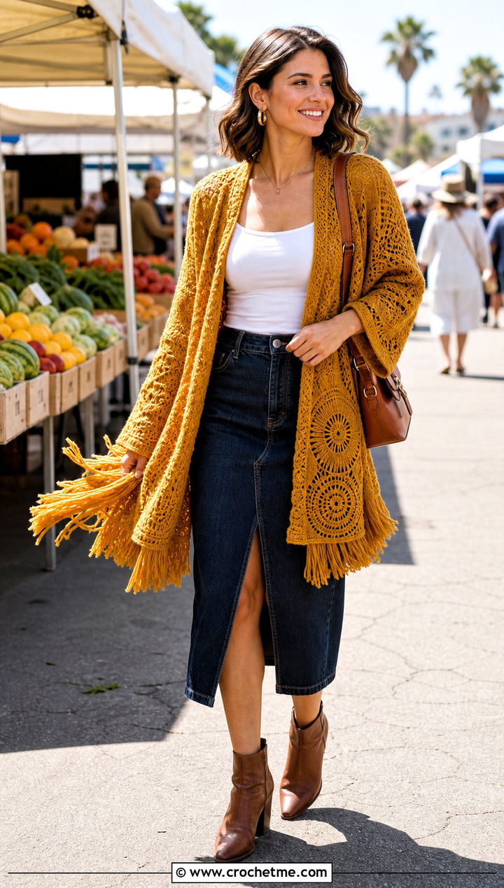Fringe Circle Cardigan With Denim Midi Skirt - 30 crochet circle cardigan outfit ideas