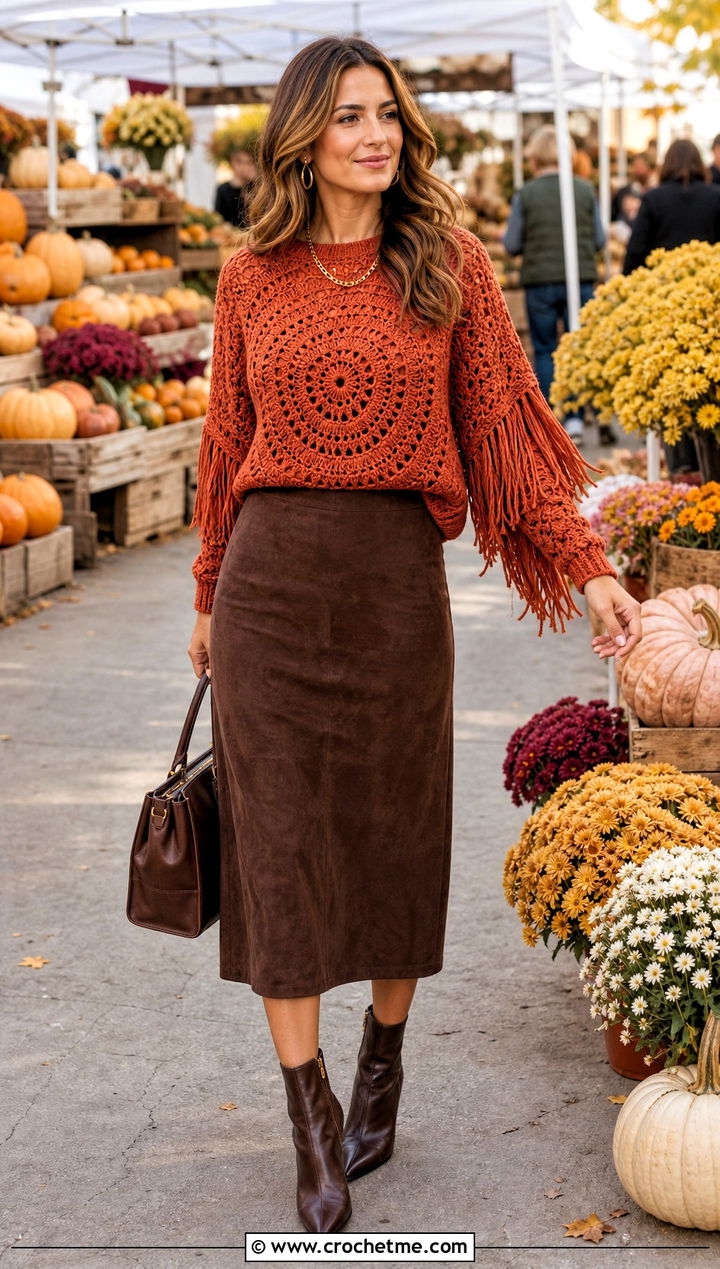 Fringe Circle Crochet Sweater With Suede Skirt - 25 Circle Crochet Sweater outfit ideas