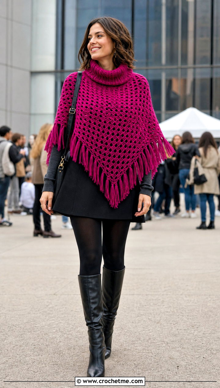 Fringe Collar Crochet Poncho With Mini Skirt And Boots - 25 Crochet Poncho With Collar outfit ideas