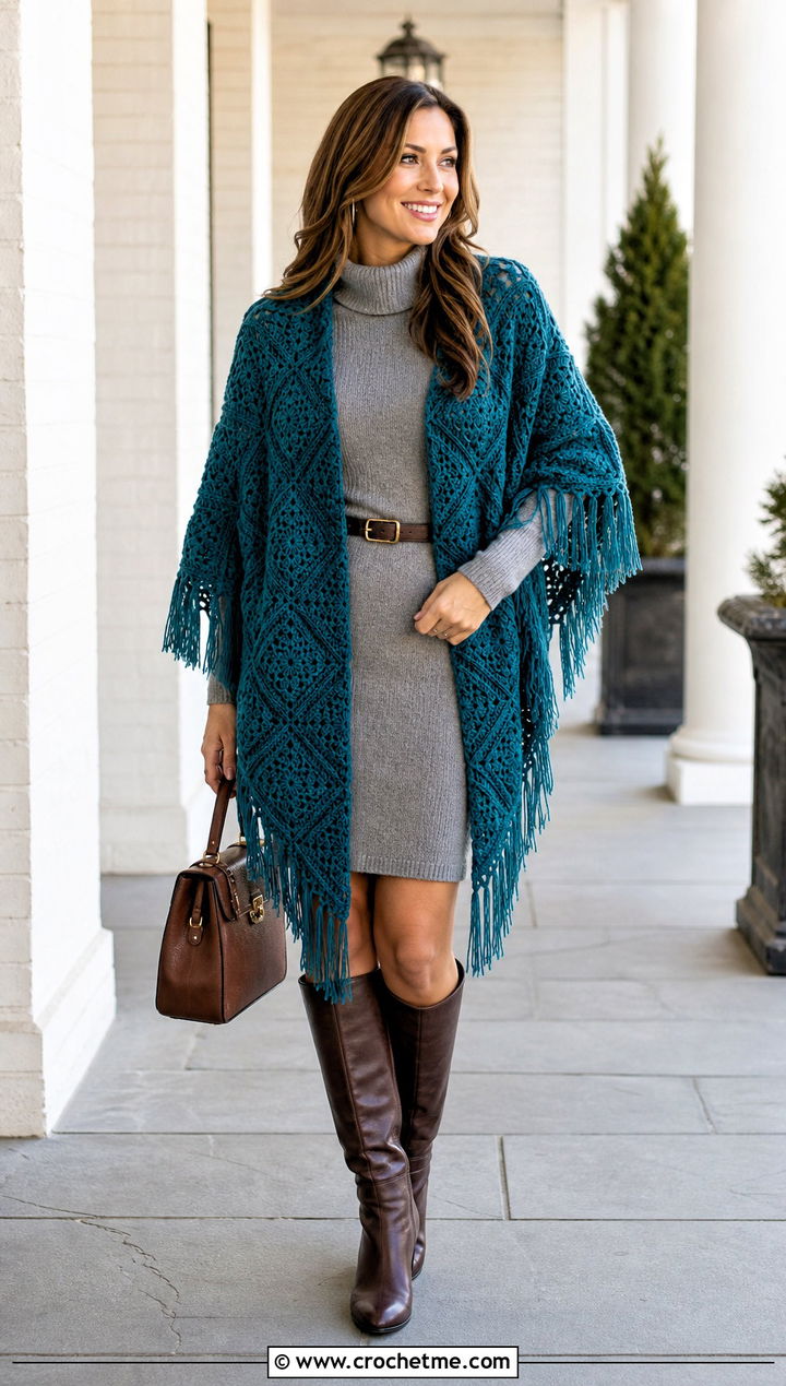 Fringe Corner To Corner Crochet Shawl With Sweater Dress - 15 Corner To Corner Crochet Shawl outfit ideas