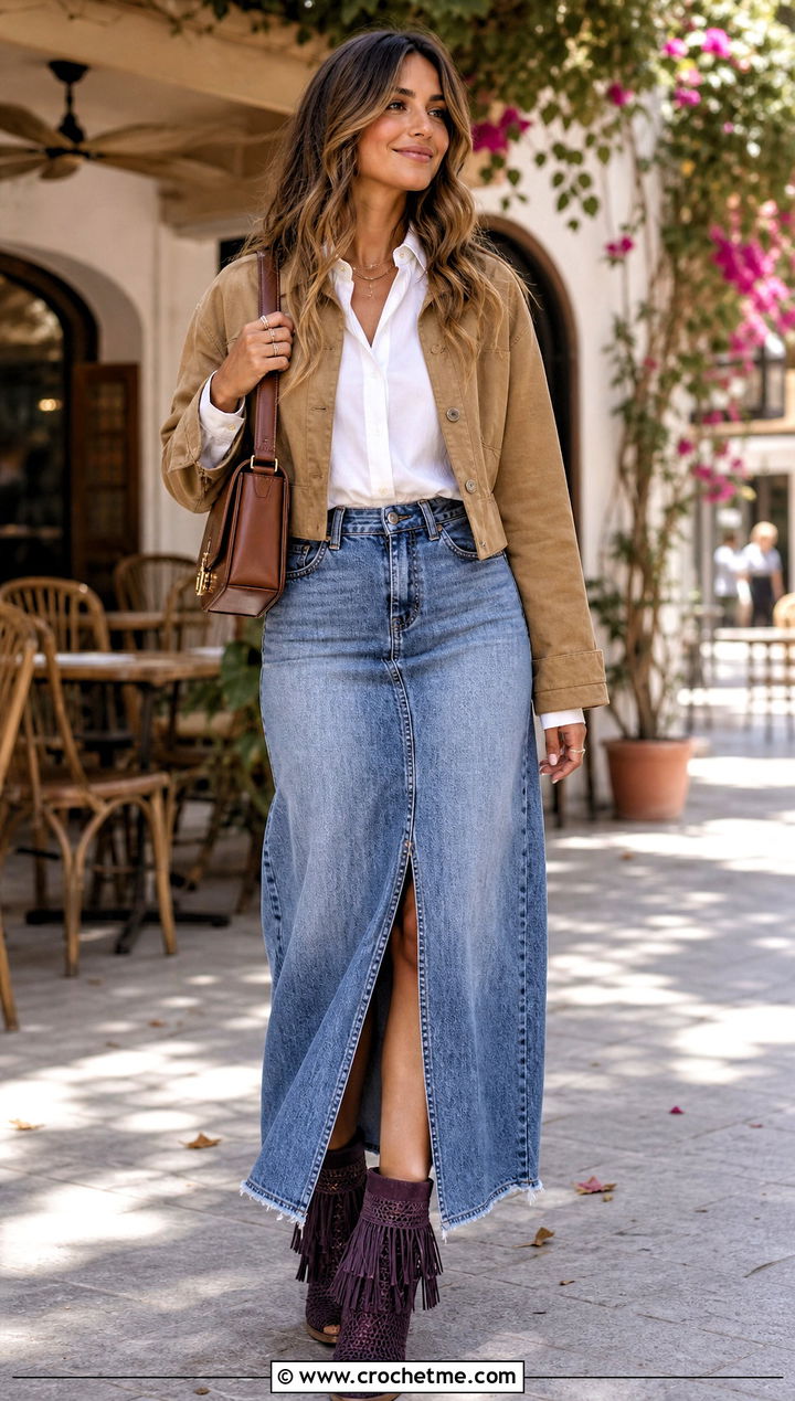 Fringe Crochet Ankle Boots With A Denim Maxi Skirt - 15 Crochet Ankle Boots Women outfit ideas