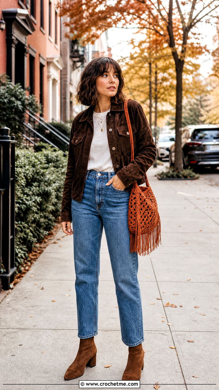 Fringe Crochet Bag With Suede Jacket And Jeans - 35 crochet bag outfit ideas