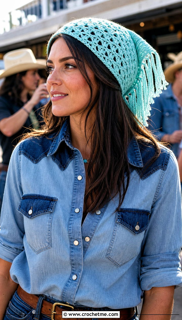 Fringe Crochet Bandana With Western Denim Outfit - 25 crochet bandana hair scarf outfit ideas