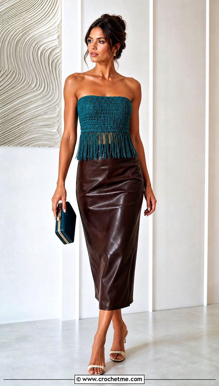 Fringe Crochet Bandeau Top With A Leather Midi Skirt - 30 crochet bando top outfit ideas