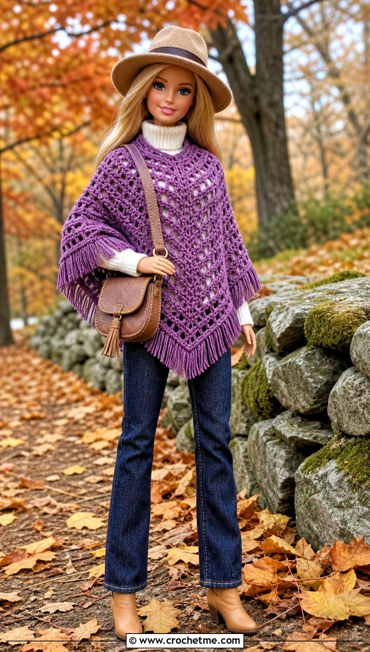 Fringe Crochet Barbie Poncho With Turtleneck And Jeans - 25 easy crochet barbie doll clothes and outfit ideas
