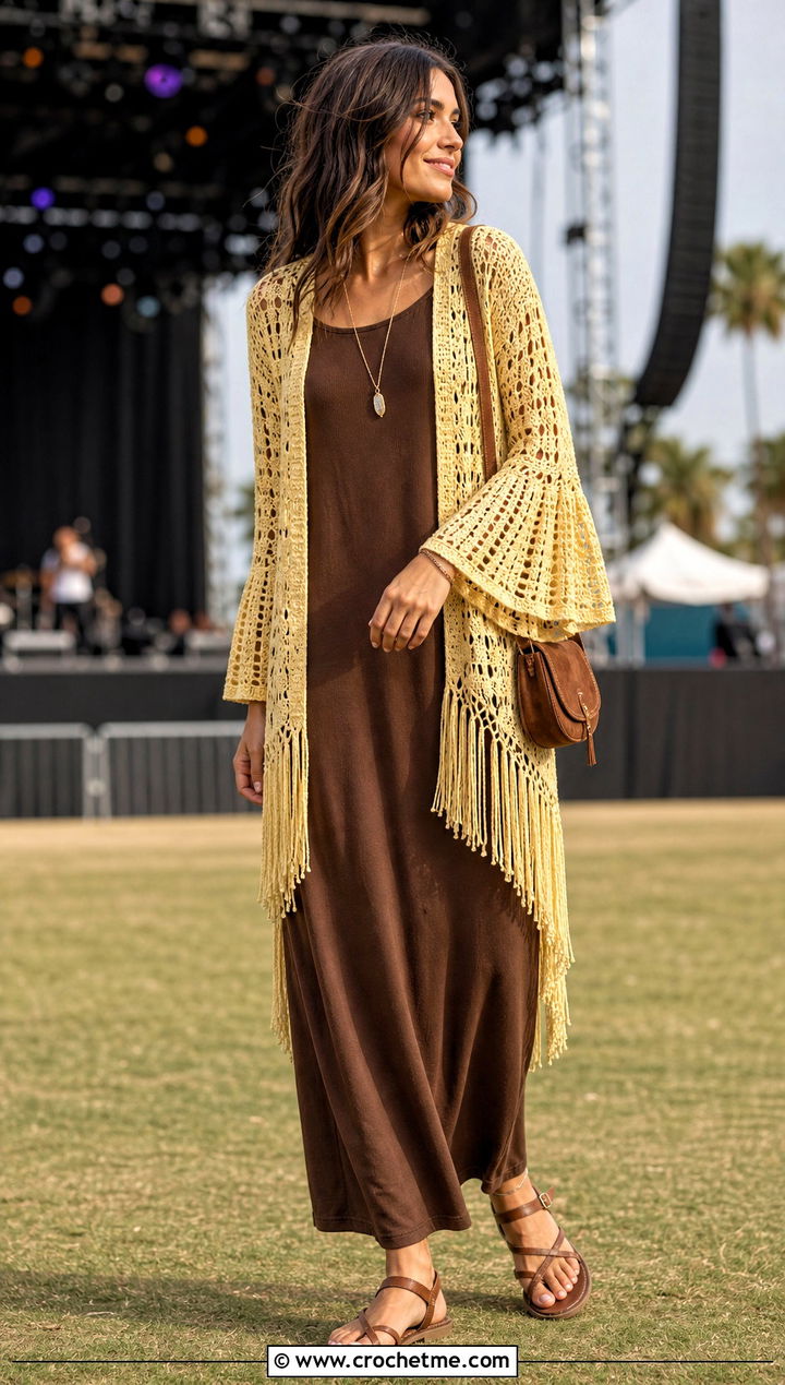Fringe Crochet Bell Sleeve Cardigan With Column Maxi Dress - 30 crochet bell sleeve cardigan outfit ideas