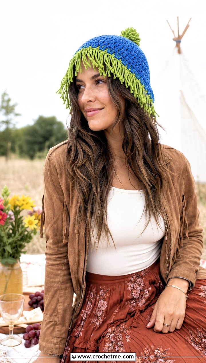Fringe Crochet Birthday Hat With Boho Maxi Skirt - 30 crochet birthday hat outfit ideas