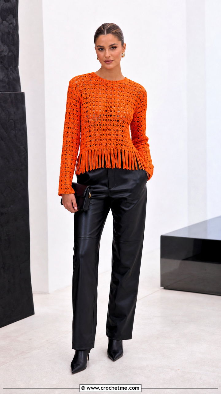 Fringe Crochet Blouse With Leather Pants - 35 crochet blouse for women outfit ideas