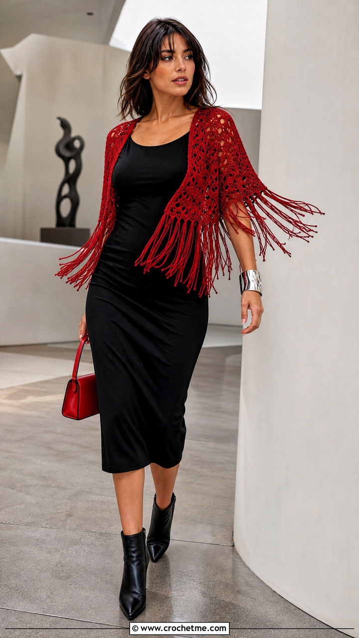 Fringe Crochet Bolero Shrug With Black Midi Dress - 35 crochet bolero shrug outfit ideas