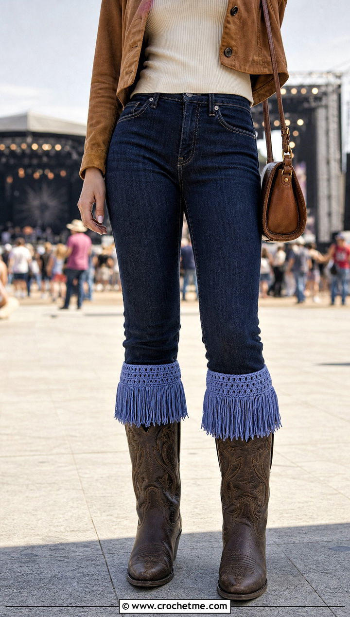 Fringe Crochet Boot Cuffs With Suede Jacket - 35 crochet boot cuffs outfit ideas