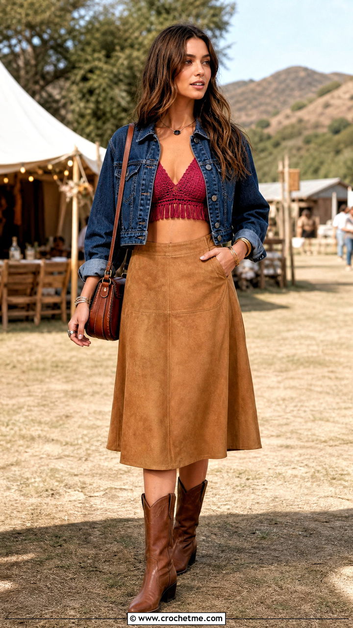 Fringe Crochet Bra With Suede Midi Skirt - 35 crochet bra outfit ideas