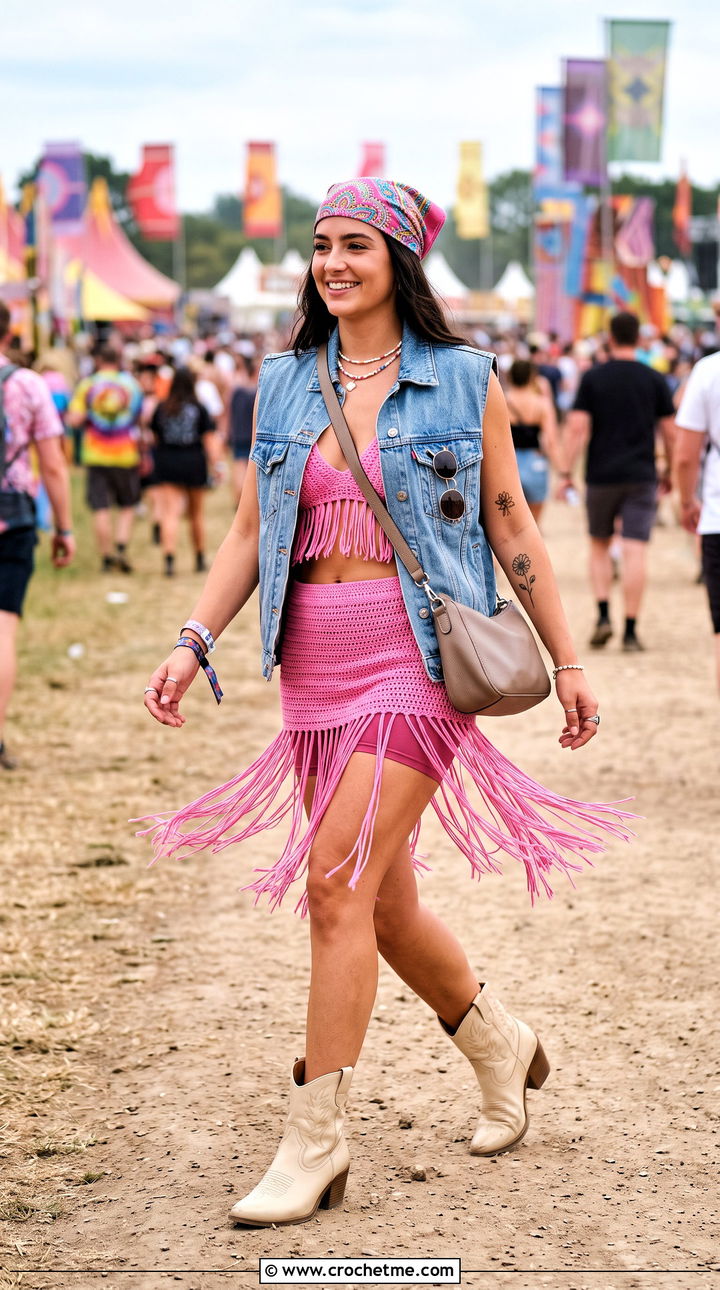 Fringe Crochet Bralette And Mini Skirt Set - 25 festival crochet two piece outfit ideas