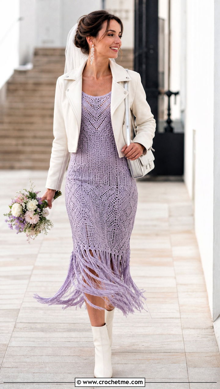 Fringe Crochet Bridal Dress With Leather Boots - 30 crochet bridal dress outfit ideas