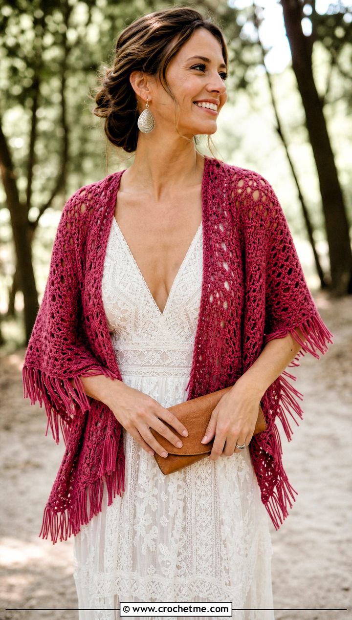 Fringe Crochet Bridal Shawl With Boho Lace Dress - 25 Crochet Bridal Shawl outfit ideas