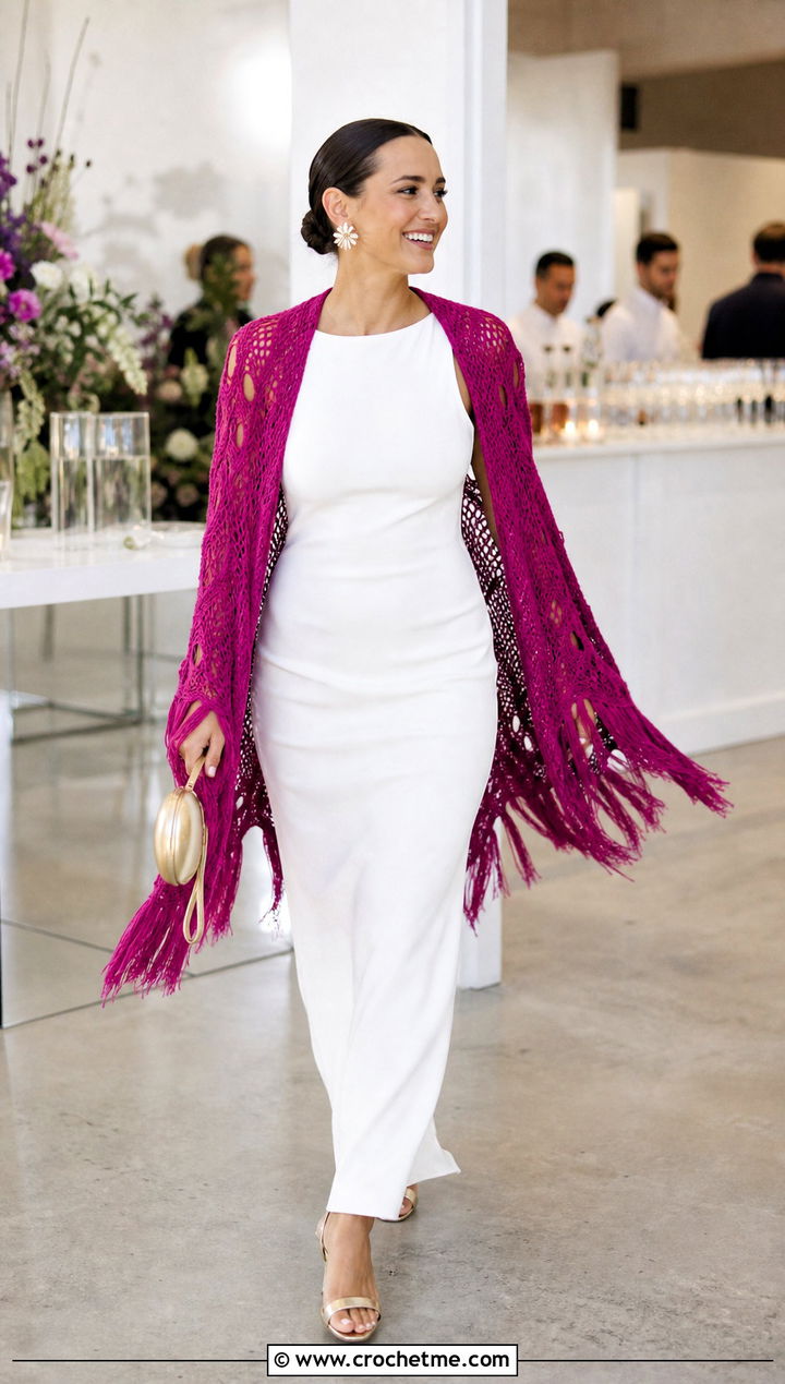 Fringe Crochet Cape With Simple Sheath Dress - 25 Crochet Wedding Cape outfit ideas