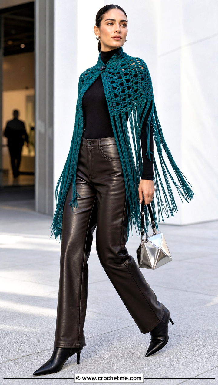 Fringe Crochet Capelet Shawl With Leather Pants - 30 crochet caplet shawl outfit ideas