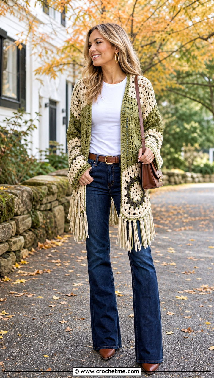 Fringe Crochet Cardigan With Dark Wash Denim - 25 green and white crochet cardigan outfit ideas