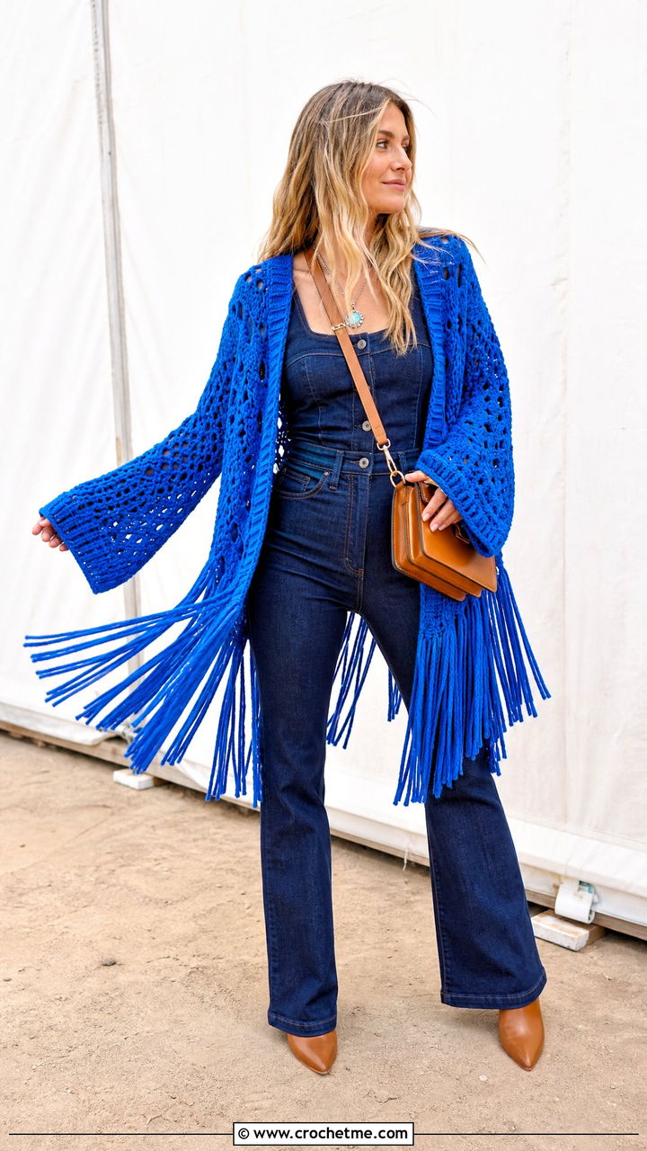 Fringe Crochet Cardigan With Denim Jumpsuit - 35 crochet cardigans outfit ideas
