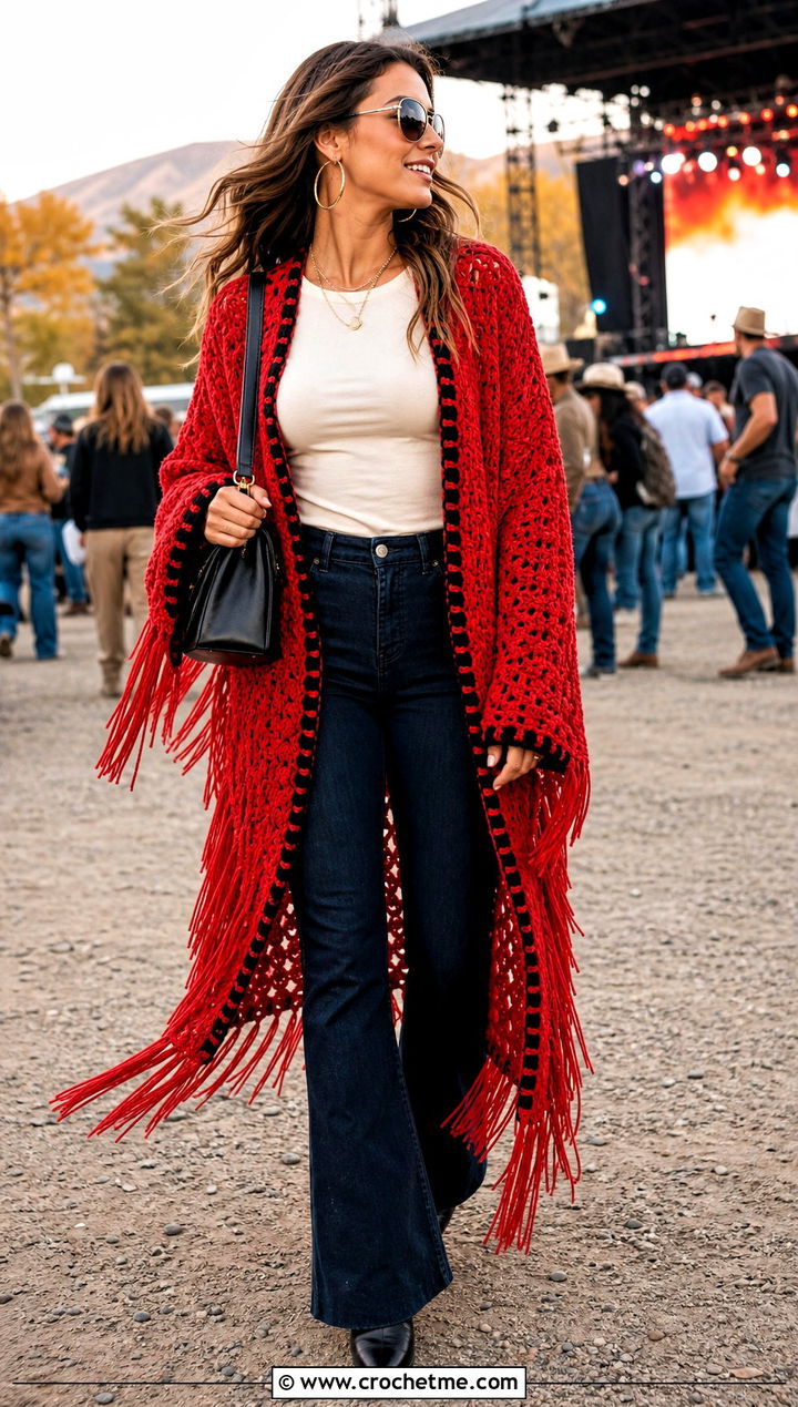 Fringe Crochet Cardigan With Flared Jeans - 25 halloween crochet cardigan outfit ideas