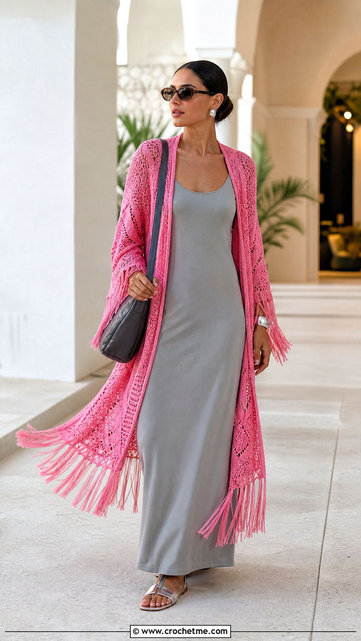 Fringe Crochet Cardigan With Minimal Maxi Dress - 35 crochet summer cardigan outfit ideas