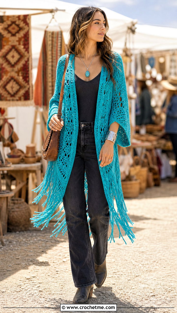 Fringe Crochet Cardigan With Straight Leg Jeans - 25 witchy crochet cardigan outfit ideas