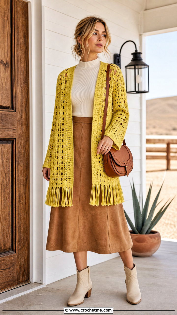 Fringe Crochet Cardigan With Suede Midi Skirt - 35 easy crochet cardigan women outfit ideas