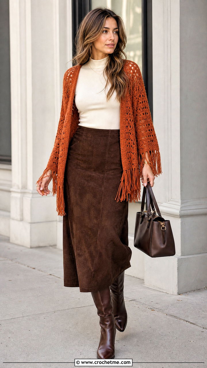 Fringe Crochet Cardigan With Suede Midi Skirt - 35 crochet cardigan ideas