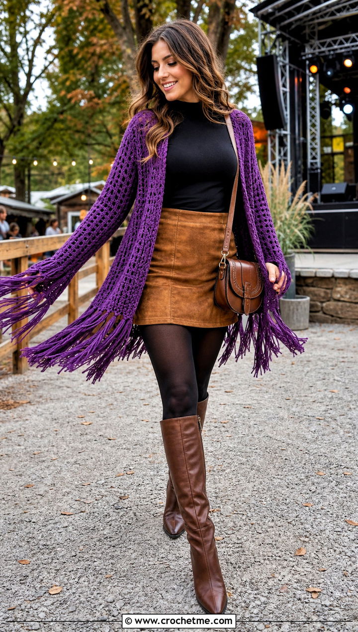 Fringe Crochet Cardigan With Suede Mini Skirt - 30 crochet cardigan design outfit ideas