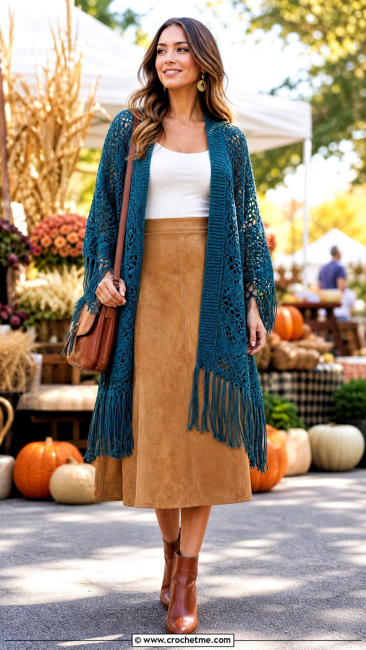 Fringe Crochet Cardigan With Suede Skirt - 35 crochet cardigans for women outfit ideas