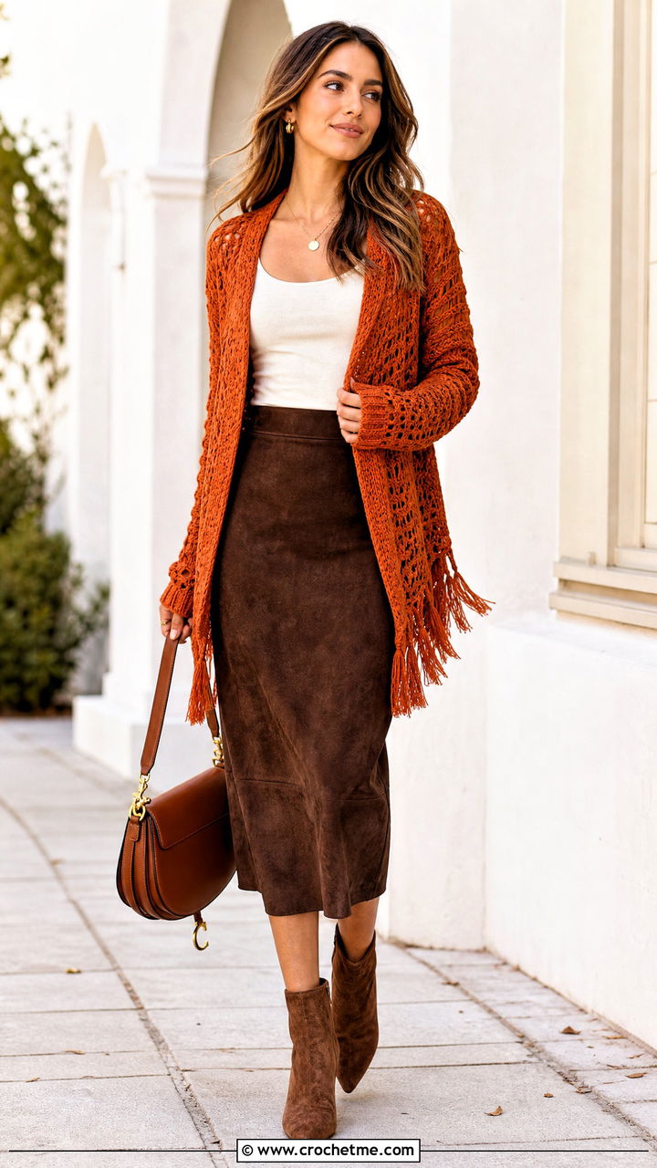 Fringe Crochet Cardigan With Suede Skirt - 35 cute crochet cardigan outfit ideas
