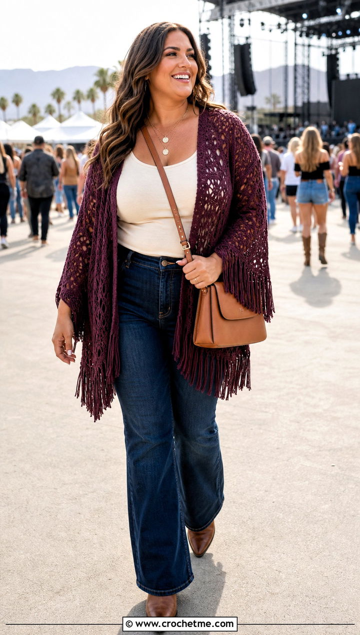 Fringe Crochet Cardigan With Western Boots And Denim - 30 crochet plus size cardigan outfit ideas