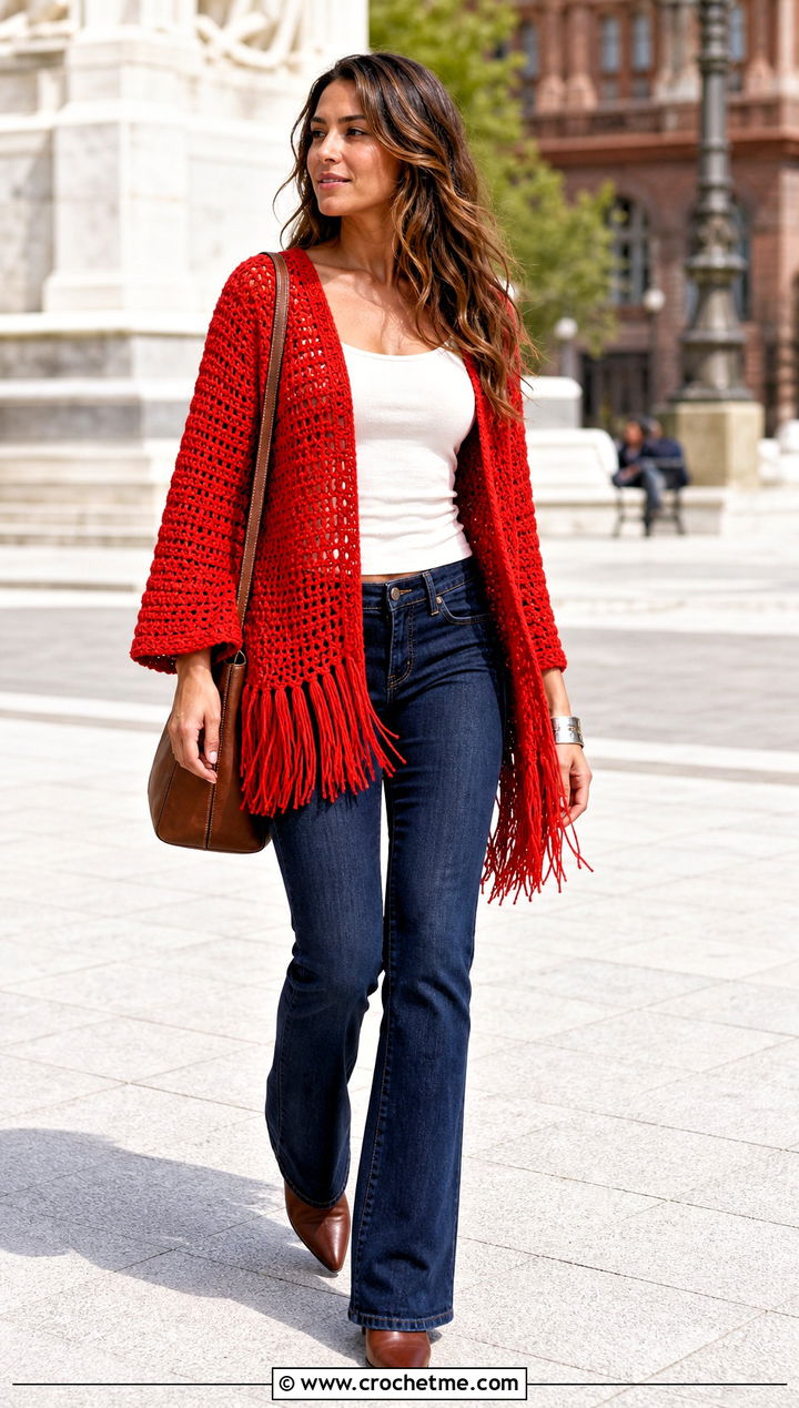Fringe Crochet Cardigan With Western Denim - 20 Crochet Fancy Cardigan outfit ideas