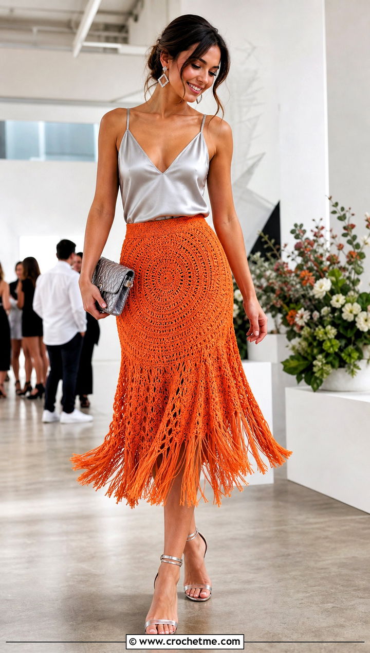 Fringe Crochet Circle Skirt With Satin Camisole - 25 crochet circle skirt outfit ideas