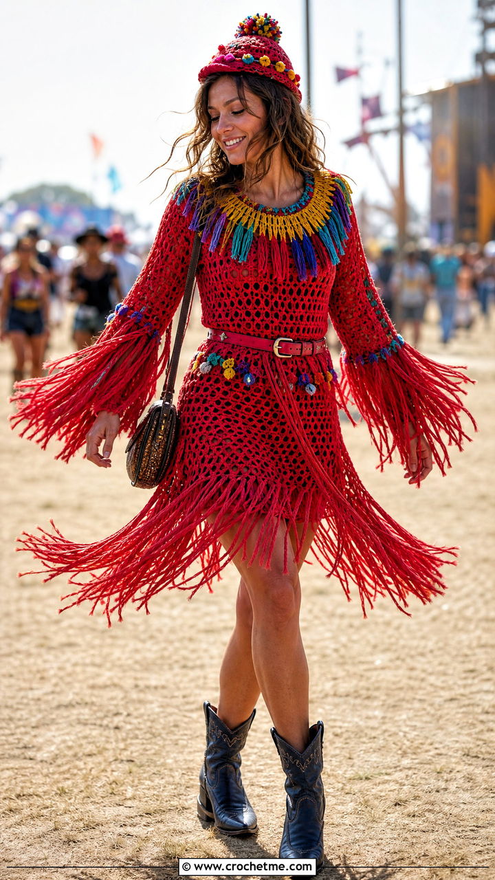 Fringe Crochet Clown Dress Costume With Western Boots - 35 crochet clown costume outfit ideas
