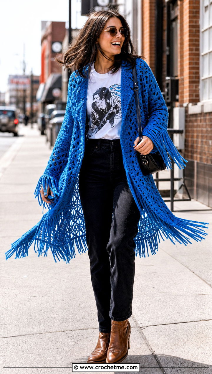 Fringe Crochet Coat With A Graphic T Shirt - 25 Crochet Coat For Women outfit ideas